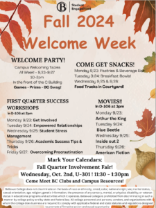 Fall 2024 Welcome Week Schedule with events Monday - Thursday in the Student Union Building lobby, courtyard, and D106. Breakfast and snacks, food trucks, movies, welcome workshops, a Welcome Party, and more!